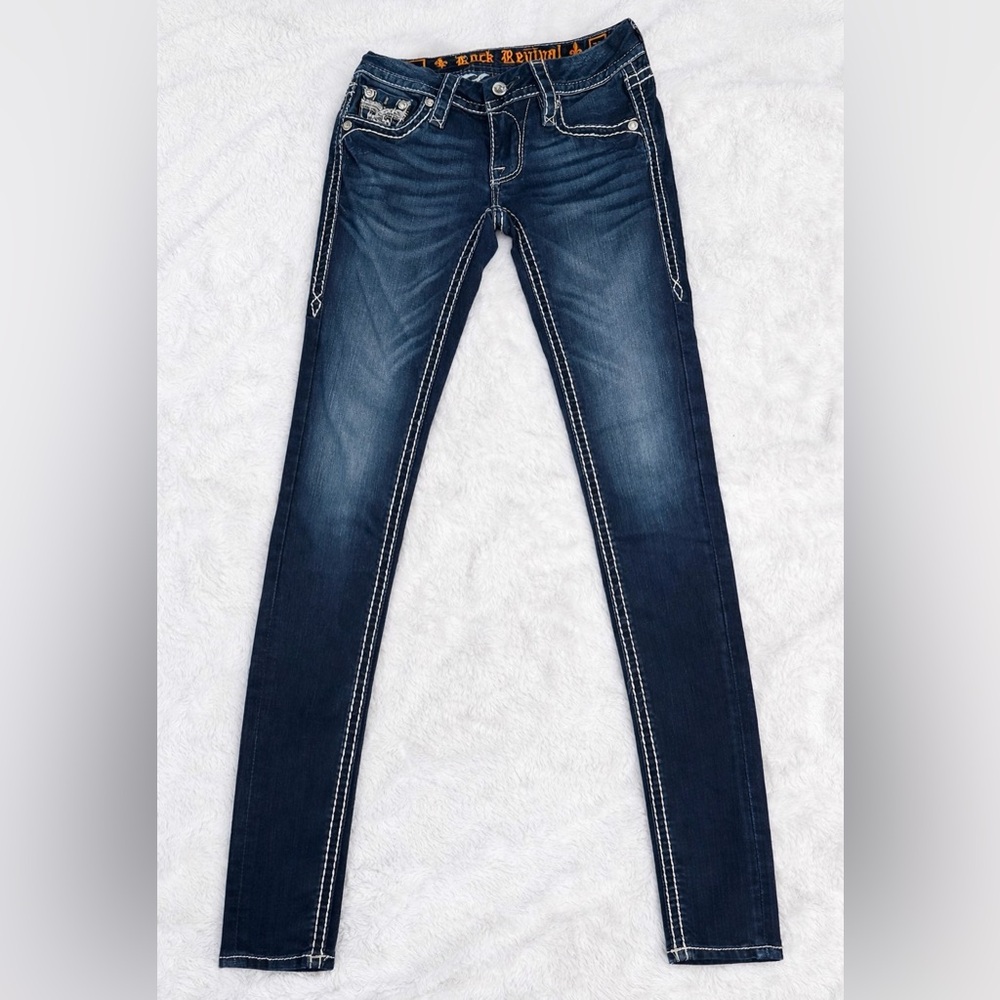 Rock Revival Sherry Jeans Rare Bling Fleur-de-Lis Pockets Dark Wash Size 23